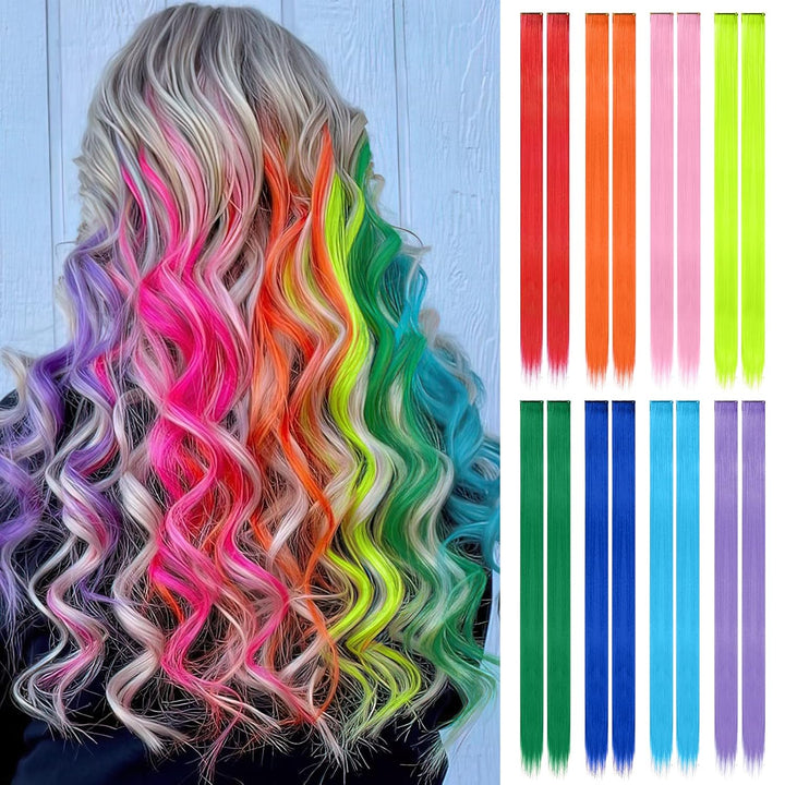 Colored Clip in Hair Extensions - 10 PCS Skyblue Light Blue Highlighted Hair Piece Straight Synthetic Clip in Hairpieces for Women 22 Inch