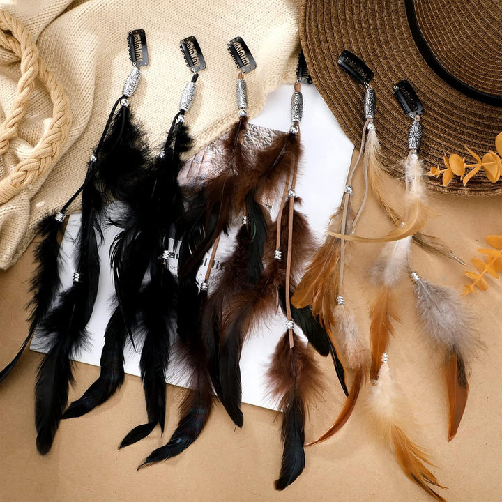 12 Pcs Clip in Hair Feathers Extensions for Women Colored Boho Feather Hair Clips Halloween Cosplay Costume Carnival Party Headdress Accessory Gifts(Brown, Black, Dark Coffee,Standard)