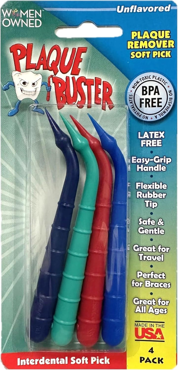 (4 Count) Soft Interdental Pick, Gum Stimulator & Plaque Remover, Made in USA, for Oral Health and Healthy Gums, Multi-Colored