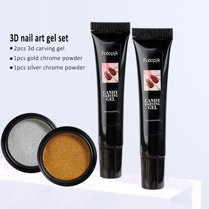 3D Sculpting Gel for Nail Art, 2PCS 10G Clear 3D Gel Liner Polish Carving Modeling Gels for Nail Design, 5D Embossed Candy Gels with Gold Silver Chrome Powder Kit