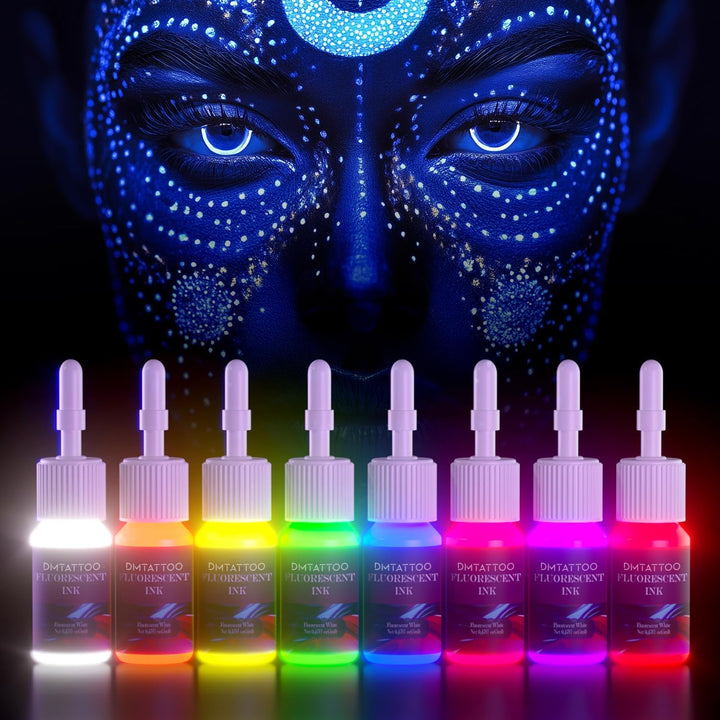 8Color Fluorescent Tattoo Ink Set, 8Pcs Tattoo Ink Color Set,Glow in the Blacklight, Skin-Safe Permanent Tattooing for 3D Makeup Beauty Skin Body Art, 0.17Fl Oz 5Ml/Bottle