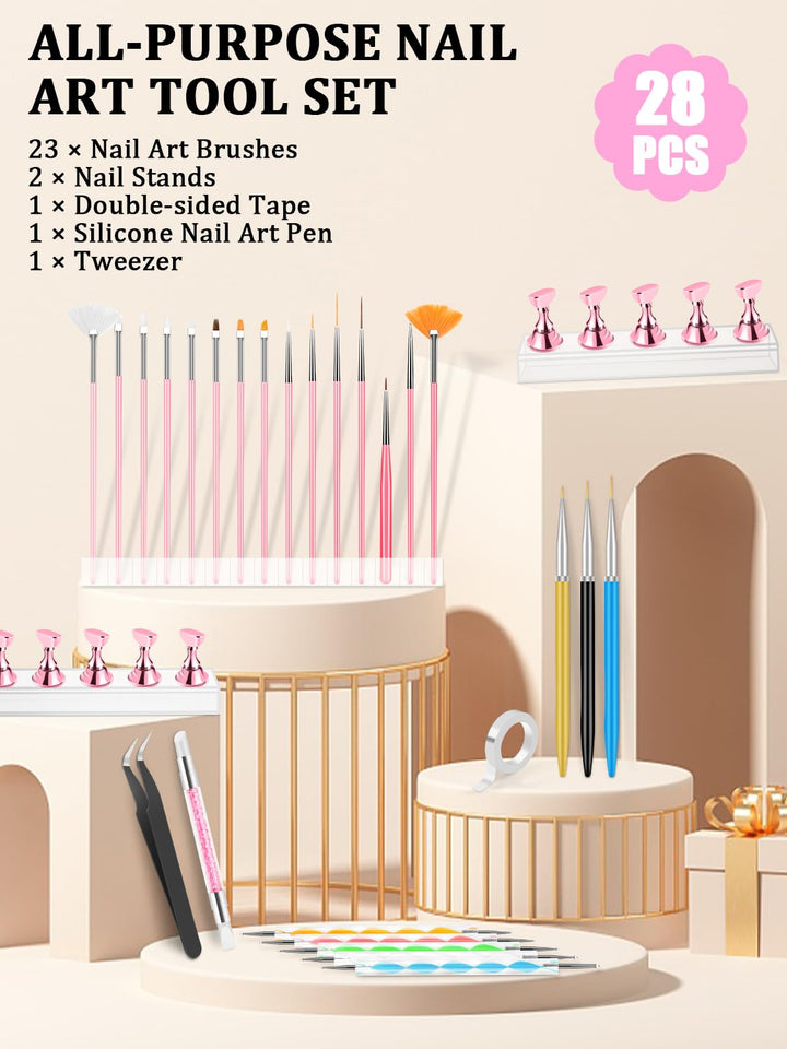 Nail Art Tools Set, Nail Stand for Press on Holder for Painting Nails, Nail Art Brushes, Liner Brushes, Nail Dotting Tool, Must Haves Design Tools for Nail Tech & Beginners Nail Art Supplies Kit