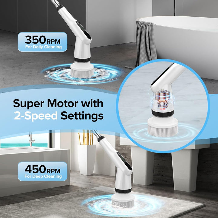 Electric Spin Scrubber,  IPX7 Bathroom Scrubber with 7 Replaceable Brush Heads & Retractable Handle, 2-Speed Adjustable Shower Cleaner Brush for Bathroom, Bathtub, Kitchen, Tile Floors