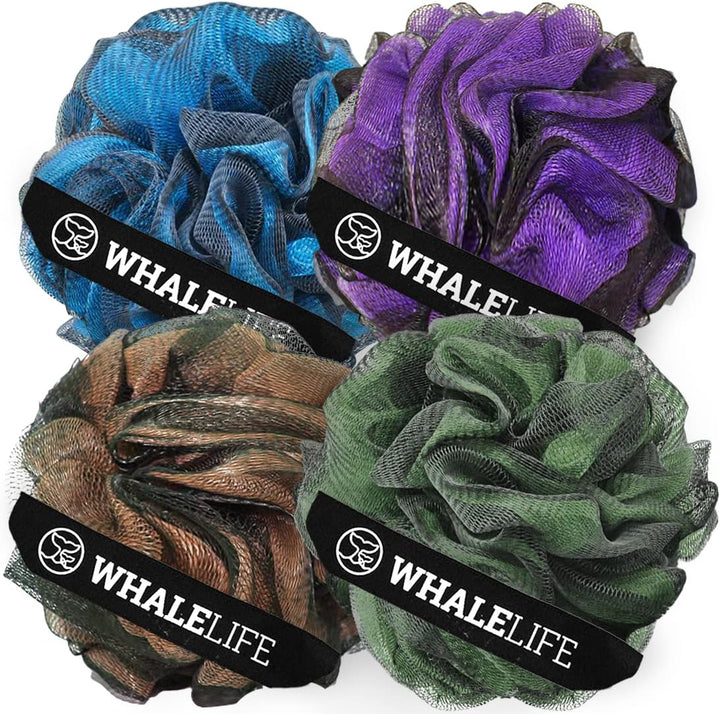Shower Puff 4 Pack Black Bath Sponge Shower Loofahs Pouf Ball Nature Bamboo Charcoal Mesh Bulk Puffs Large, Shower Essential Skin Care by