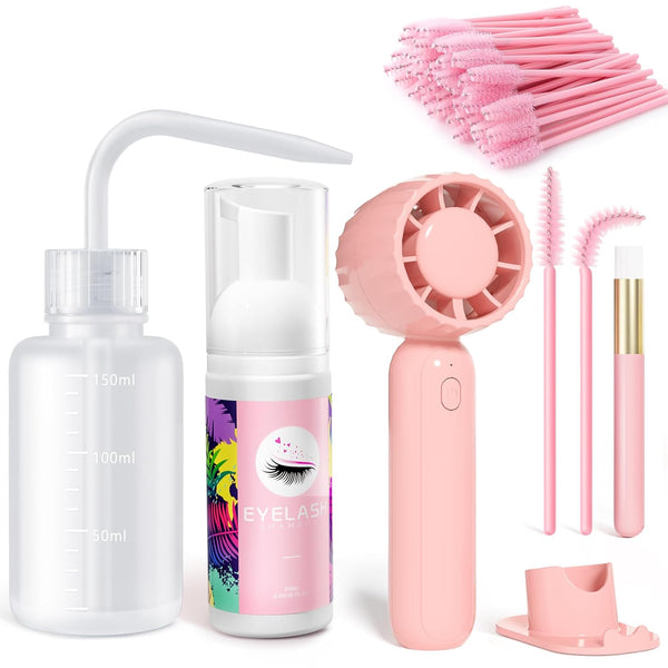 Lash Cleaning Kit - Lash Shampoo Kit Eyelash Extension Cleanser for Extensions 60ML with Rechargeable Handheld Lash Fan Dryer Mascara Brush Rinse Bottle Makeup Cleansing Foam for Lash Care