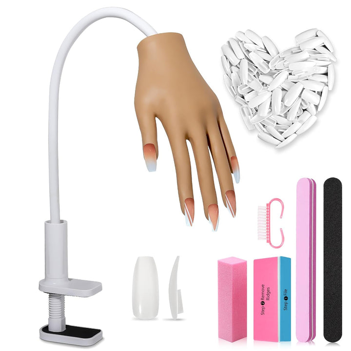 Practice Hand for Acrylic Nails- Silicone Nail Hand Practice Upgrade Nail Tips Never Fall Off, Fake Nail Manican Hand for Nail Practice, Flexible Practice Maniquin Hand with 200PCS Nail Tips