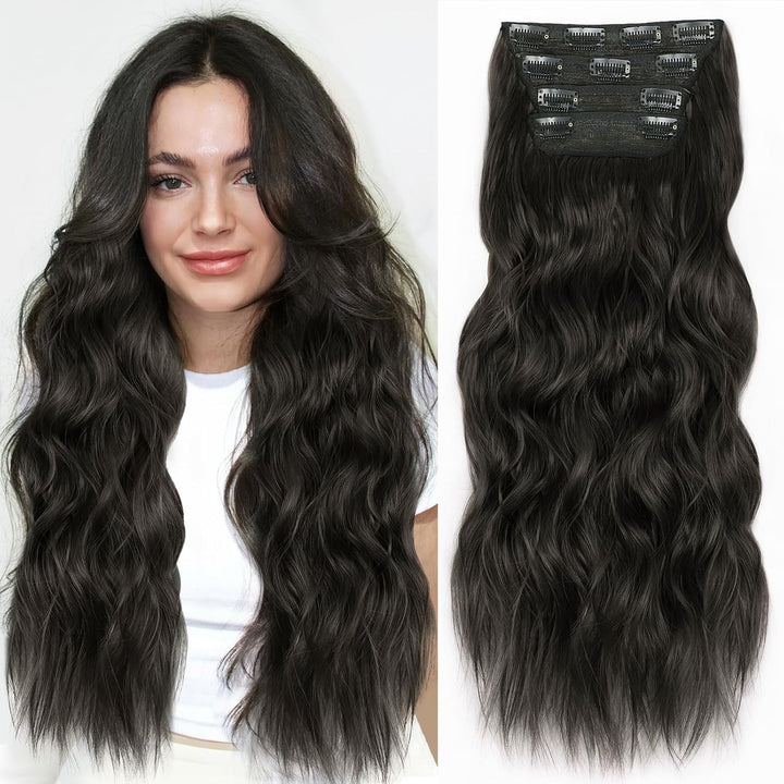 Clip in Long Wavy Synthetic Hair Extension 24 Inch Black 4PCS Thick Hairpieces Fiber Double Weft Hair for Women