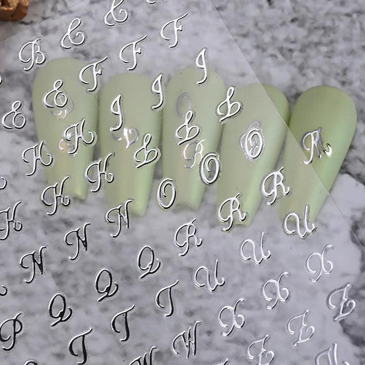 Letter Nail Stickers, 8 Sheets Old English Letter Nail Decals 3D Self-Adhesive Gold Silver Black White Retro English Pattern Old Alphabet Cursive Design Manicure Nail Accessories for Women Girls