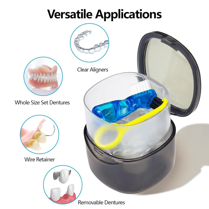 Denture Case Partial Denture Cups for Soaking Dentures, No-Leak Denture Soaking Container Retainer Cleaning Case with Brush for Household|Travel|Office - Transparent Black