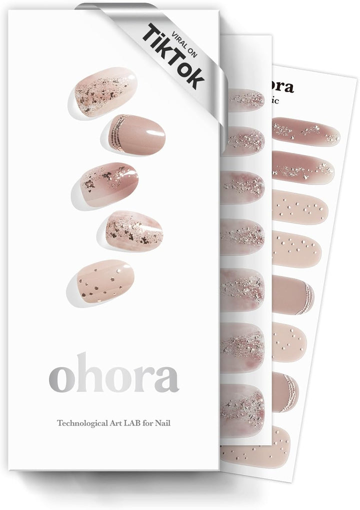 Semi Cured Gel Nail Strips (N Dreaming Glow) - Nude, Glitter, Works with Any UV/LED Lamps, Salon-Quality, Long Lasting, Easy to Apply & Remove - Includes 2 Prep Pads, Nail File & Wooden Stick