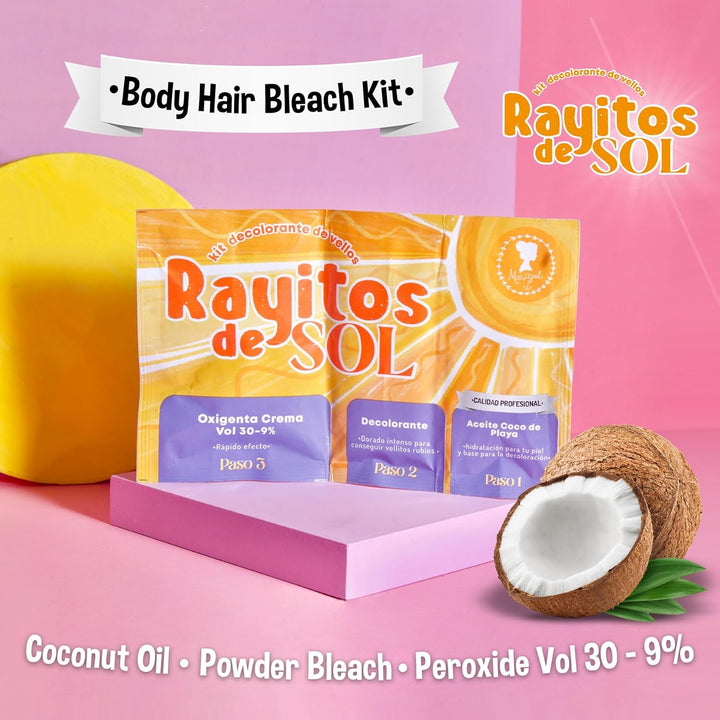 Body Hair Bleach Kit with Coconut Oil Powder Bleach Peroxide Vol 30 - 9% Itch-Free | Legs Back Abdomen Arm Hair Bleach | Skin Protection and Nourishment