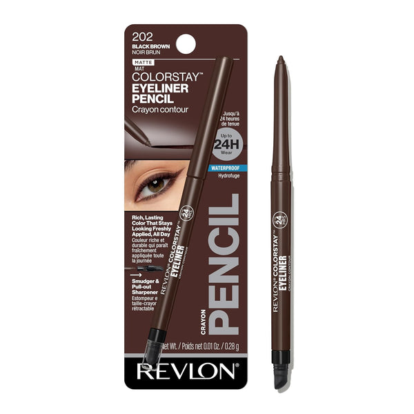 Colorstay Pencil Waterproof Eyeliner, Smudge-Proof, Eye Makeup with Built-In Sharpener, 202 Black Brown, 0.01 Oz