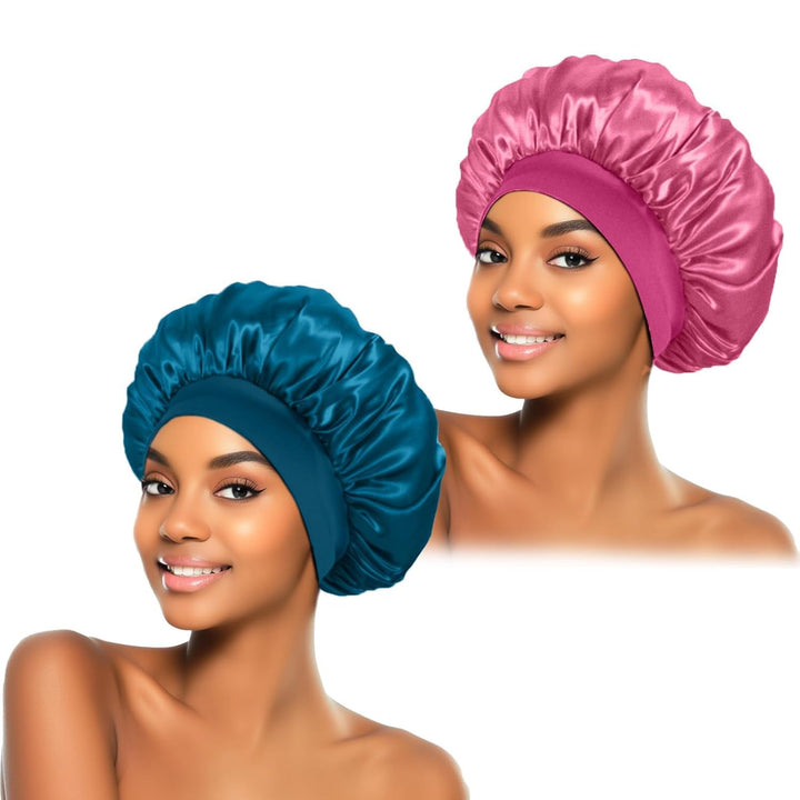 2Pcs Silk Bonnet for Sleeping, Satin Hair Bonnets, Soft Elastic Band Silk Sleep Cap, Hair Wrap for Women (Black Gold)