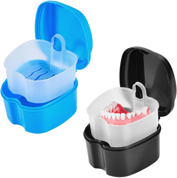 2 Pack Colors Denture Bath Case Cup Box Holder Storage Soak Container with Strainer Basket for Travel Cleaning (Light Blue and Blue)