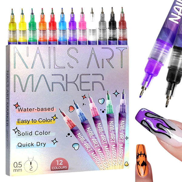 12 Colors Nail Art Pens Set, 2025 New Nail Art Markers Polish Pen for 3D Nail Art, Nail Art Tools for Dotting Drawing Painting Point Liner DIY (1 Set)