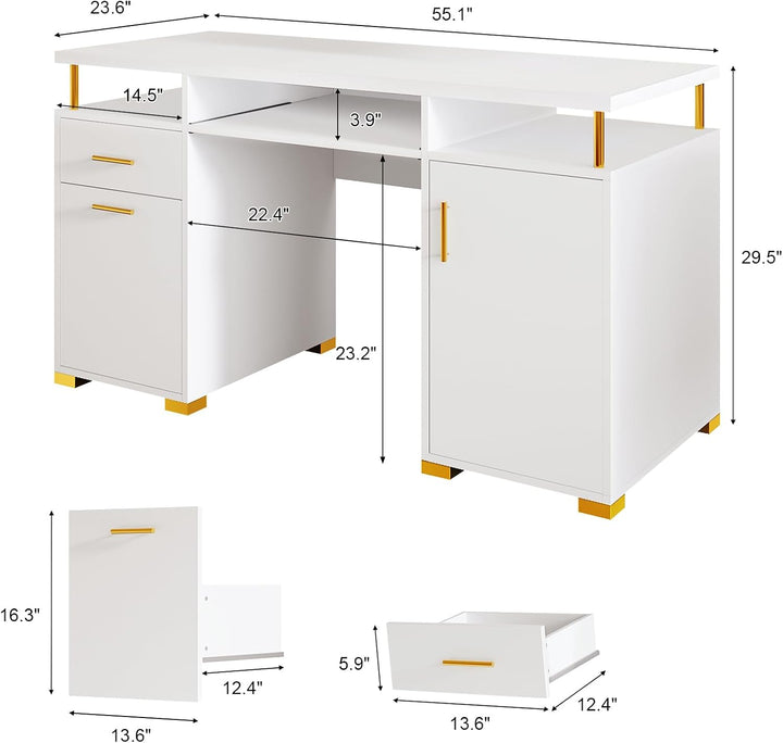 White and Gold Nail Desk for Nail Tech, Manicure Table with 2 Drawers and Cabinet, 55 Inch Nail Table with Movable Shelf, Manicure Table Nail Station