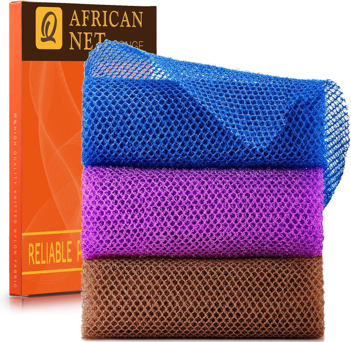 3 Pieces African Bath Sponge African Net Long Net Bath Sponge Exfoliating Shower Body Scrubber Back Scrubber Skin Smoother,Great for Daily Use (Pink,Yellow,Purple)