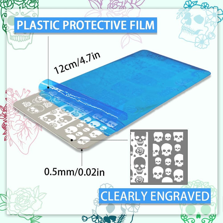 3Pcs Gothic Skull Nail Stamper, 58 Patterns Horror Skeleton Flower Nail Stamping Plate Nail Art Stencils Stainless Steel Nail Image Plates for Nail Design Print Manicure Salon Halloween