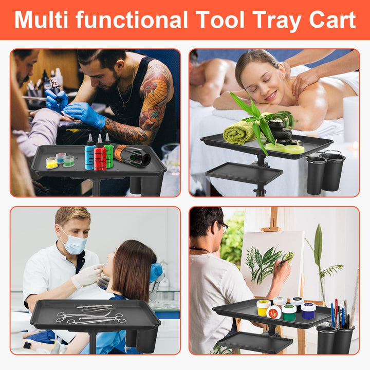 Salon Tray Cart on Wheels, Aluminum Tattoo Tray with Storage Platform, Adjustable Height Service Rolling Tray, Storage Tray Accessory for Salon Spa Dental Use, Rolling Tray Cart