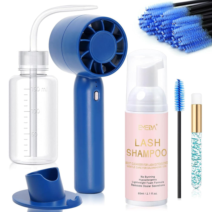Lash Shampoo Kit 2.02 Fl Oz Lash Cleaning Kit with Rechargeable Fan Dryer/Brush/Rinse Bottle, Oil-Free Cleanser Wash for Extensions & Clusters & Natural Eyelashes, Cleaner for Eyelash Care
