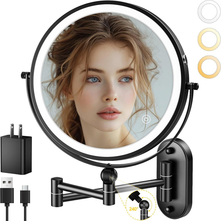 9" Wall Mounted Lighted Makeup Mirror,4000Mah Rechargeable Double Sided 1X/10X Magnifying Mirror with Light,3 Color Lights,Touch Dimmable,Extended Arm 360 Rotation Wall Mounted Makeup Mirror