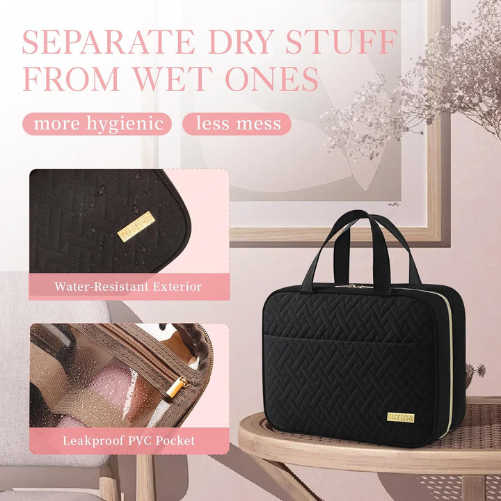 Travel Toiletry Bag W/Hanging Hook - Spacious Toiletry Bag Essentials for Women & Men, Makeup Bag/Big Comparment, Waterproof for Travel Accessories, Medium, Black