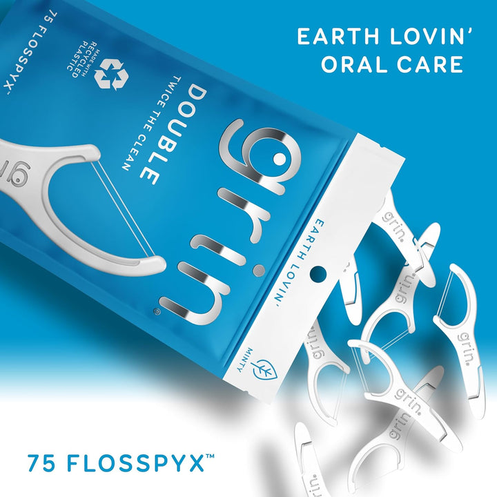 Double Flosspyx, Floss Picks, 75 Count, Dental Flossers, Minty Flavor, Recycled Plastic, 2 Lines of Strong Floss, Longer Floss Head, Traps Food and Plaque, Includes Safe Soft Fold-Back Tooth Pick