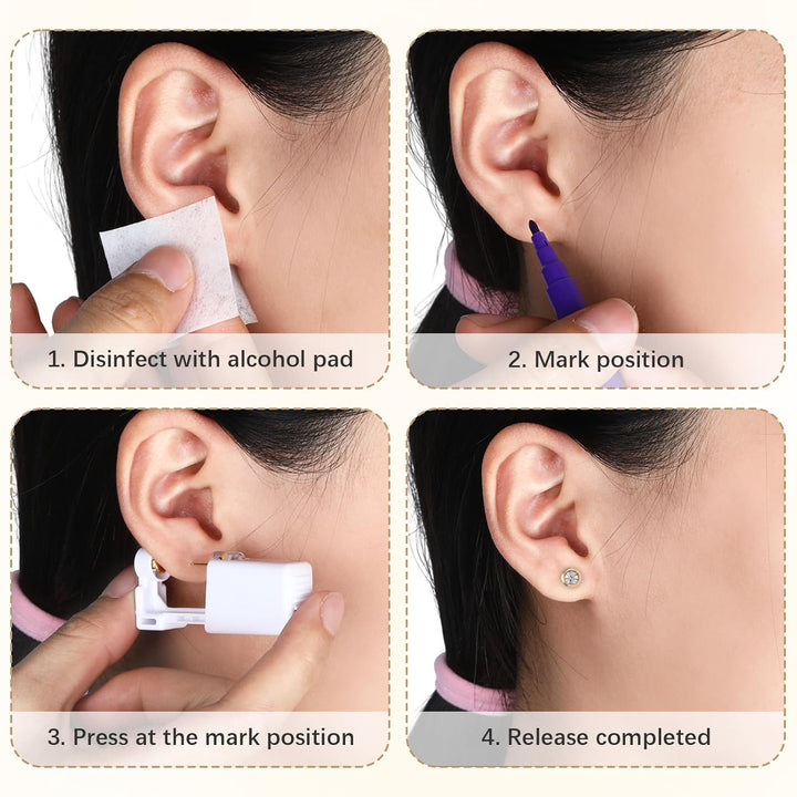Disposable Ear Piercing Kit with 6 Piercing Guns, 3 Pairs of Earrings, Mark Pen, Iodophor Swabs, Cartilage Jewelry Studs & Accessories, Easy at Home Use (Gold)