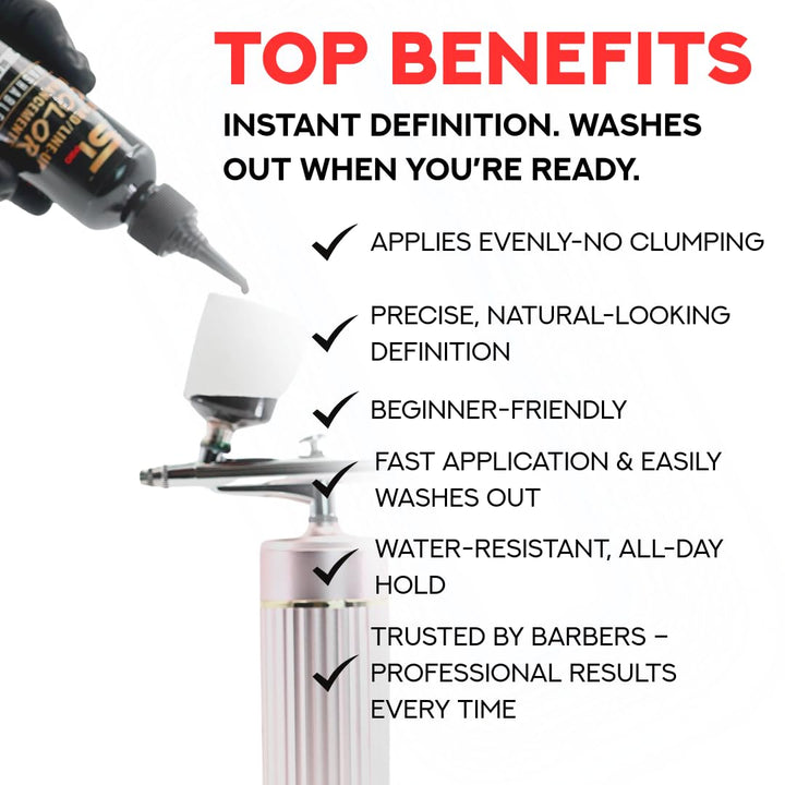 Airbrush Hair & Beard Enhancement Ink | Barber-Grade Line-Up & Filler Spray | Water Resistant, Washable, Pre-Mixed for Precision Hairlines & Sharp Edges (Washable / 60ML Black)