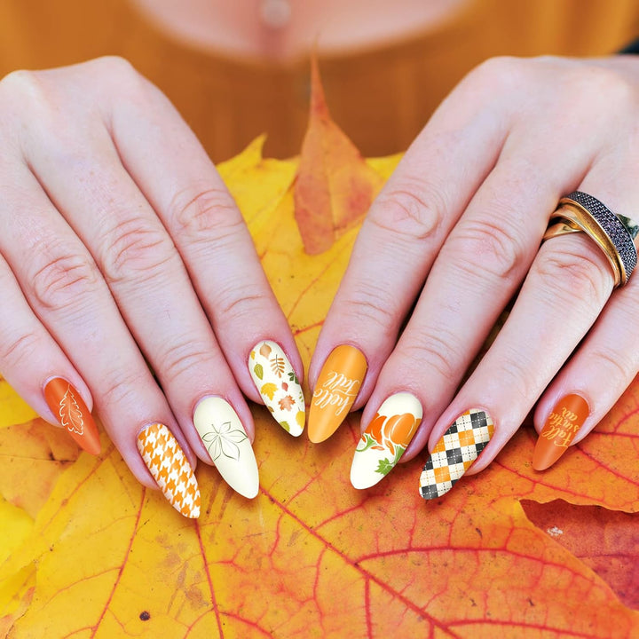 6Pcs Fall Thanksgiving Theme Nail Art Stamping Plate Kit Various Pattern Pumpkin Maple Autumn Blessing Collection Checkered Nail Art Plate for Thanksgiving Day DIY Design Print Manicure Salon