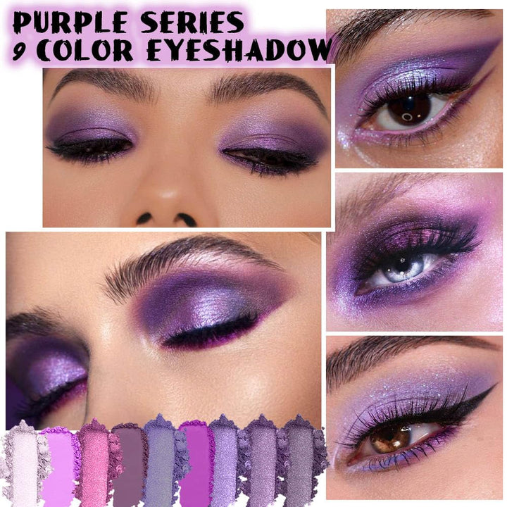 9 Colors Purple Glitter Eyeshadow Palette, Lavender Violet Purple Pink Glitter Metallic Shimmer Sparkly Eye Shadow Palette Makeup for Older Women Blue Eyes, Highly Pigmented Waterproof Eyeshadow