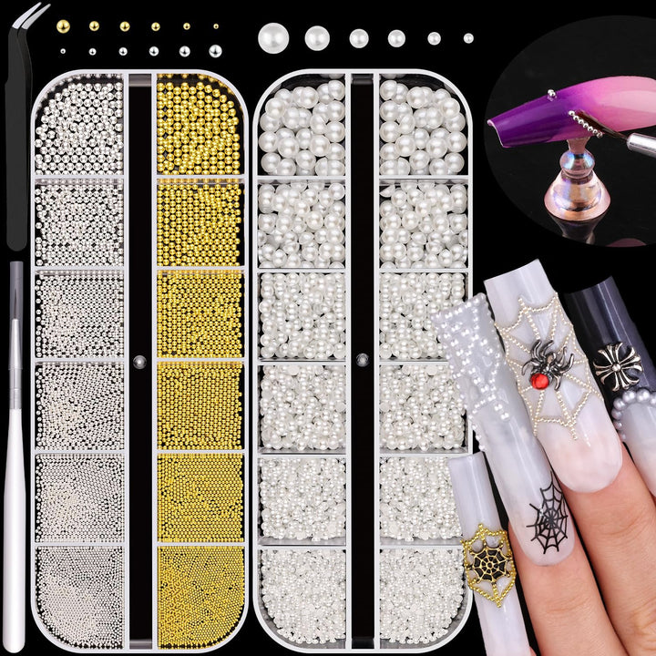 2 Boxes Flatback Pearls (White+Beige) and Metal Nail Beads (Silver+Gold) for Nail Art, Luxurious Pearl Nail Charms and Gems and Small round Caviar Beads Nail Accessories for Acrylic Nail Tips Manicure