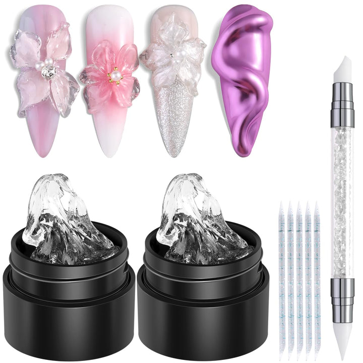 2PCS Clear 3D Sculpting Gel Kit - Non-Sticky Hand Carving Gel with Silicone Pen for Nails 3D Flowers Nail Design Manicure Salon Supplies