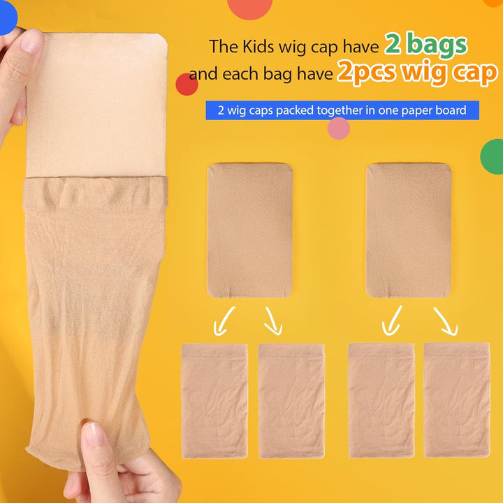 Wig Cap, 4PCS Wig Cap for Kids Light Brown. Stretchy Stocking Caps for Wigs, Natural for Halloween, Cosplay.