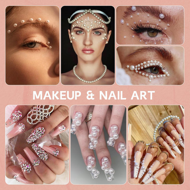 9000PCS Flatback Pearls and Pink Rhinestones for Bedazzling Kit, Pink White 3-10Mm Resin Rhinestones Gems and Half Pearls for Crafting, Nail Art and Grad Cap Decor with B7000 Jewelry Glue