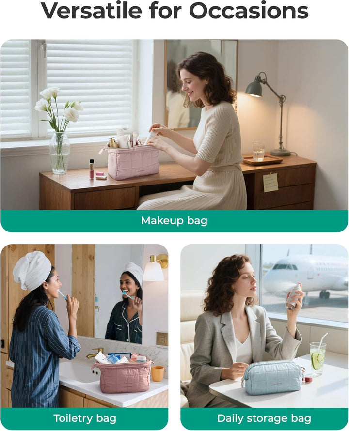 Makeup Bag Travel Toiletry Bag, Puffy Padded Make up Bags for Women Makeup Organizer Case, Wide-Open Pouch Purse Travel Essentials Toiletries Accessories Brushes, Pink