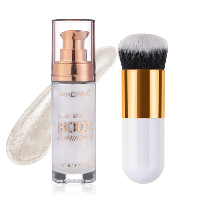 Body Shimmer Oil, Glistening Bronze Natural Glow Luminizer, Long Lasting Waterproof Moisturizing Liquid Illuminator Highlighter Makeup for a Sun-Kissed Glow, Brush Include, 1Oz, Medium