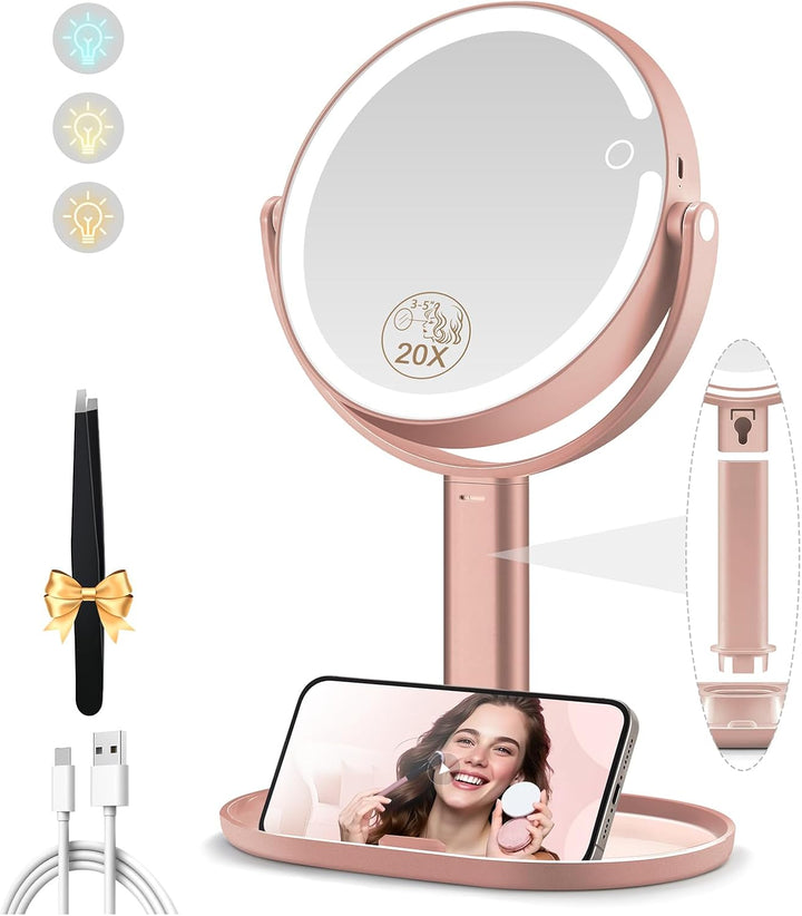 Makeup Mirror with Lights, Double Sided 1X/20X Magnifying Mirror with Light, Rechargeable 3 Color Lights and Adjustable Brightness, 360° Rotation Detachable Comes with Tweezer(White)