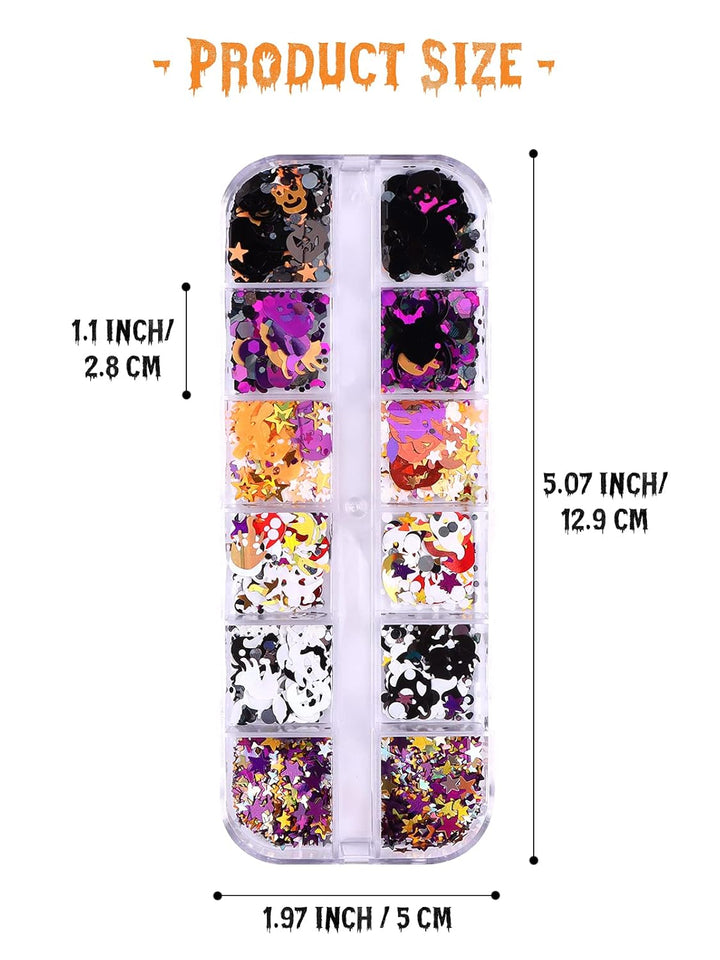 3 Boxes Halloween Nail Art Glitter Sequins, 3D Holographic Skull Spider Pumpkin Bat Ghost Witch Halloween Confetti Glitter for DIY Nail Art Halloween Party, Multicolor