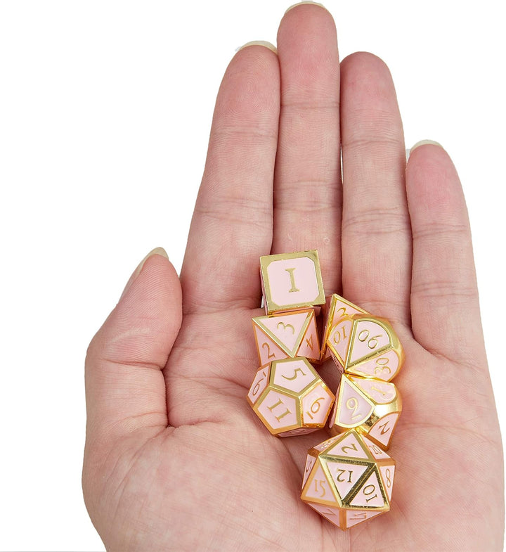 Polyhedral Metal Game Dice Cream Pink with Gold Trims 7Pc Set for Dungeons and Dragons RPG MTG Table Games D&D Pathfinder Shadowrun and Math Teaching