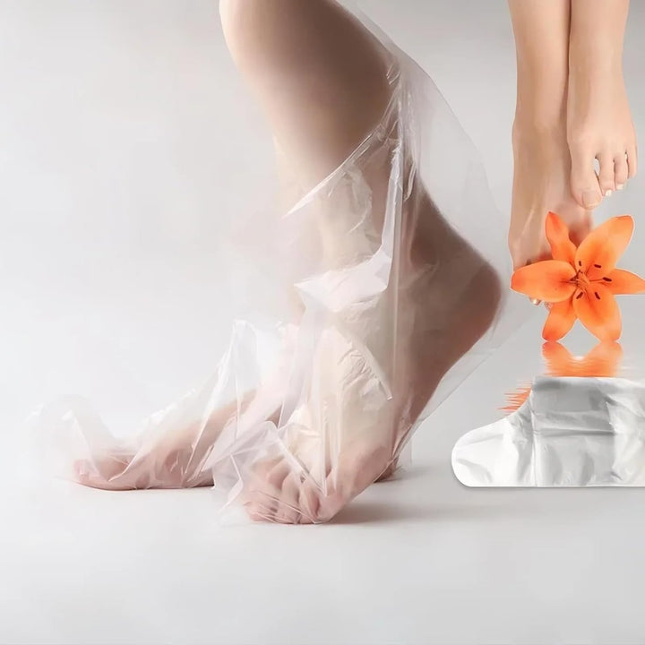 400-Pack Disposable Plastic Foot Covers for Feet – Leak-Proof Paraffin Wax Bath Liners, Moisturizing Socks for Pedicure, Spa, Cracked Heel Care & Shoe Trials (Includes Stickers for Secure Fit)