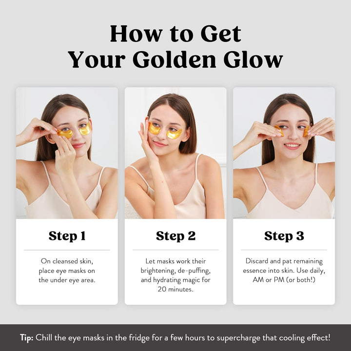 Golden Glow under Eye Patches | Rejuvenating Treatment | Dark Circles, Puffy Eyes, Refreshing, Revitalizing, Travel, Wrinkles | 20 Pairs Eye Gels