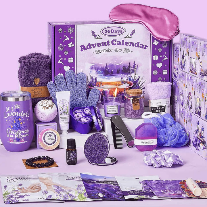 Advent Calendar 2025 Adult Women -24 Days of Christmas Advent Calendar for Mom, Wife, Girlfriend, Sister, Her - Lavender Spa Gifts Basket Set Includes Coffee Mugs, Scented Candle, Bath Salt, Soap