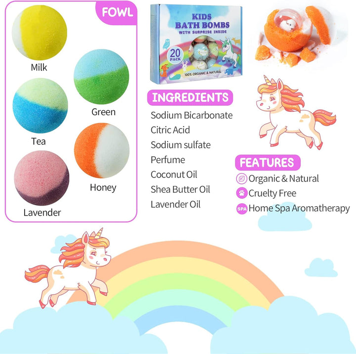 Bath Bomb Gift Set with Toys Inside, 20 Pack Organic Bath Bombs for Kids, Kids Safe Handmade Fizzy Balls for Kid, Ideal Birthday Gift for Boys & Girls