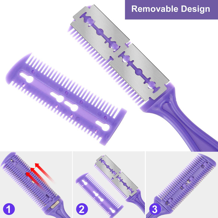 3 Pieces Hair Cutting Comb Set with 10 Razors, Double Edge Razor, Thinning Comb for Slim Haircuts (Green, Purple, Pink)