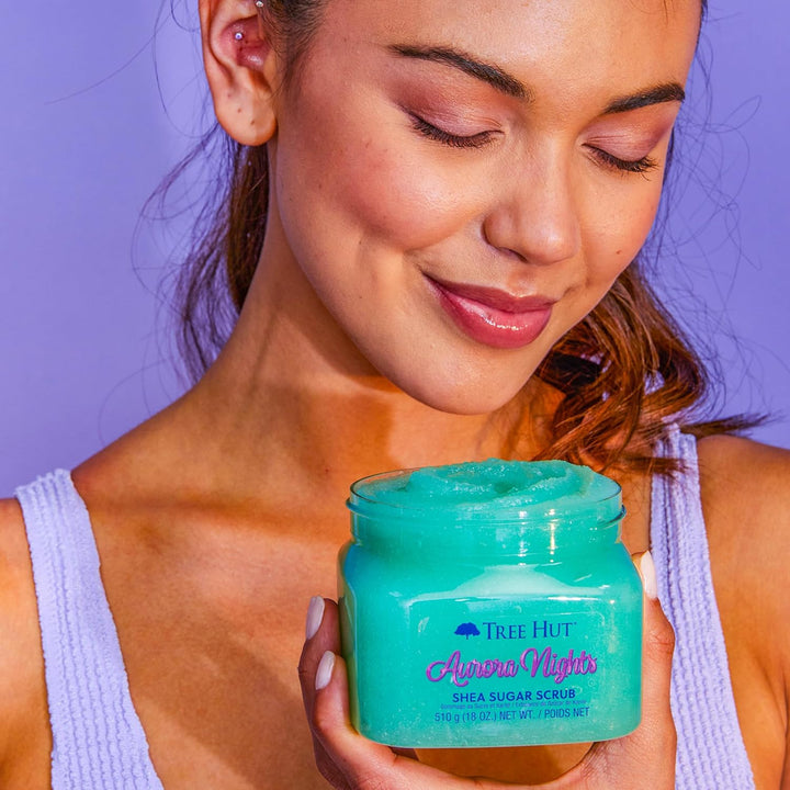 Aurora Nights Shea Sugar Scrub, Exfoliating, Hydrating & Moisturizing Body Scrub with Shea Butter & Nourishing Essential Oils, Smooth & Soften Skin, 18 Oz