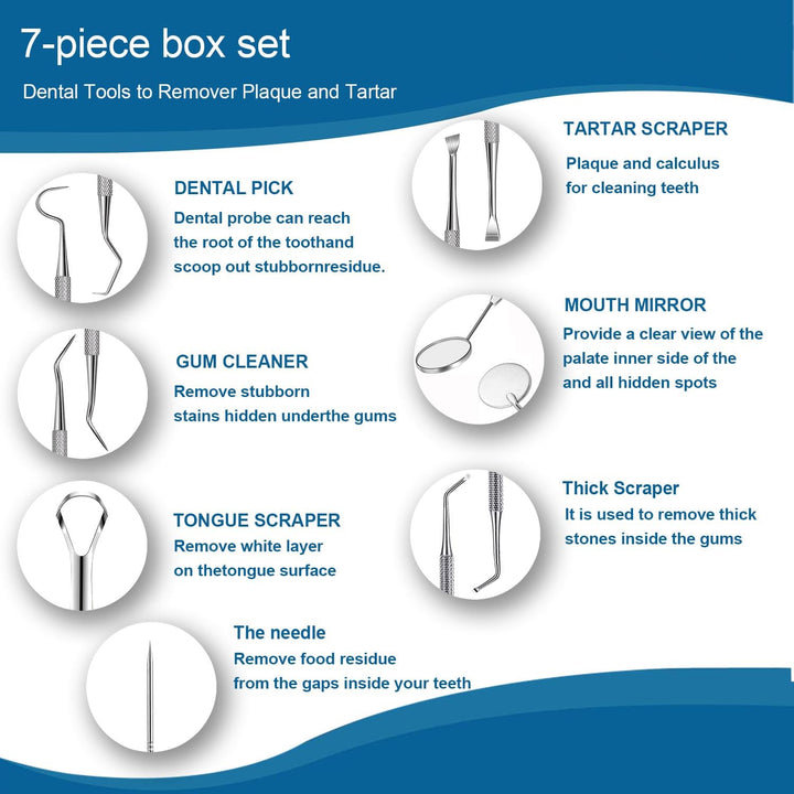 7Pcs Dental Tools, Dental Pick Teeth Cleaning Tools Hygiene Kit, Professional Stainless Steel Tooth Scraper Plaque Tartar Cleaner - with Case, Personal Using, Pets - Teeth Cleaning Kit