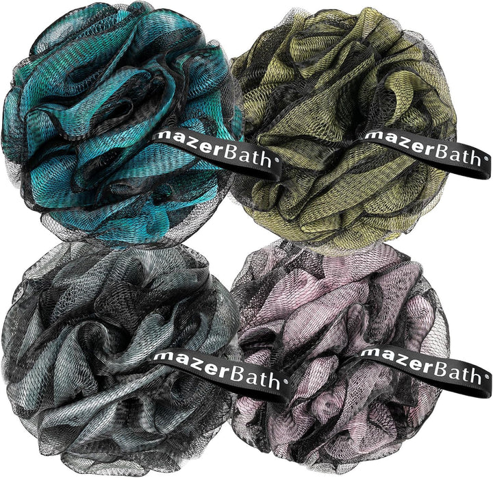 Charcoal Loofah Sponge, Shower Loofah 60G/Pcs - Body Scrubber Loofa Set of 4 - Charcoal Blue, Green, Purple & Red, Bath Sponge for Men and Women