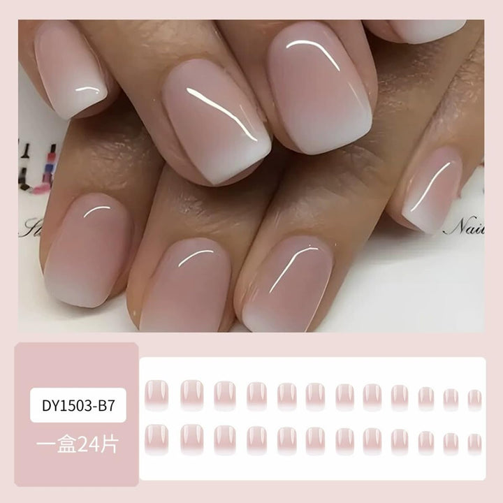 Short Square Press on Nails French Fake Nails Ombre Acrylic Nails Press on Full Cover Glossy Glue on Nails Artificial Stick on Nail for Women Manicure Decoration 24PCS