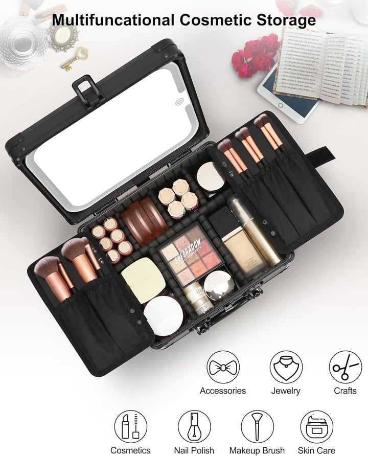 Makeup Bag with LED Mirror, Makeup Box Travel Train Case with Rechargeable Lighted Mirror & Adjustable Dividers, Cosmetic Brush Organizer Storage for Makeup Artists Gifts for Women and Girls